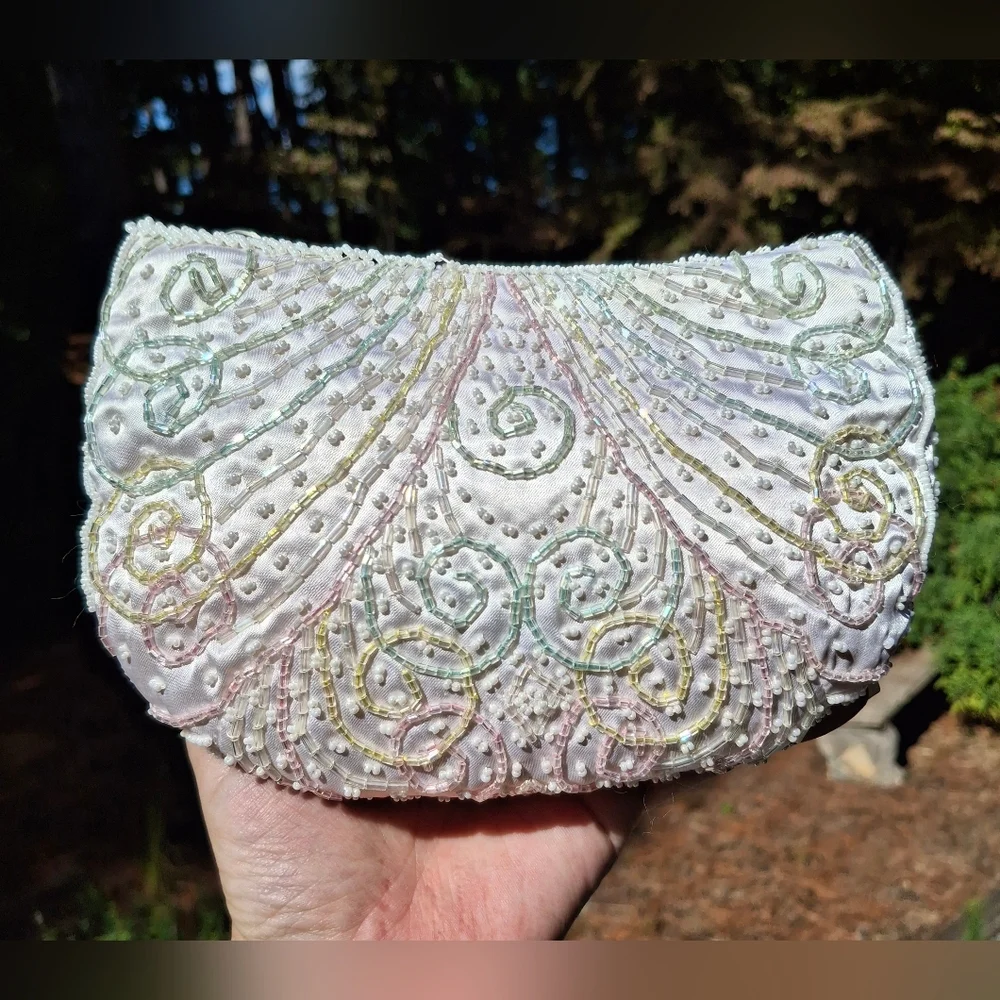 Vintage Magid White Satin & Pastel Rainbow Beaded Clutch Bag